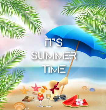 It's summer time background with palm trees and beach elements