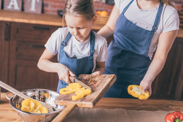 Mother and daughter cooking vegetable salad on rustic style kitchen