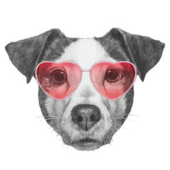 Jack Russell in Love!  Portrait of Jack Russell with sunglasses, hand-drawn illustration