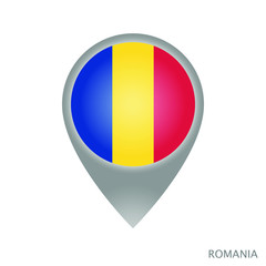Fototapeta premium Map pointer with flag of Romania. Gray abstract map icon. Vector Illustration.