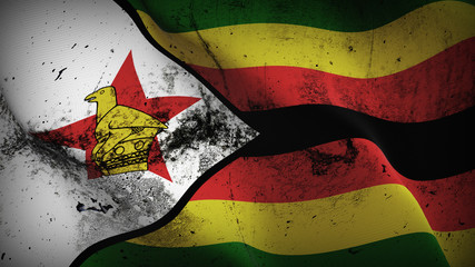 Zimbabwe grunge flag waving loop. Zimbabwean dirty flag blowing on wind.
