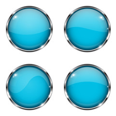 Glass blue buttons. Round 3d buttons with chrome frame