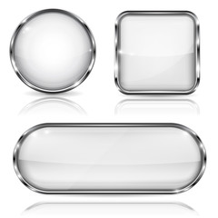 White glass buttons with chrome frame. Set of shiny geometric 3d icons