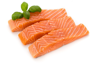 Fresh salmon fillet with basil on the white background.