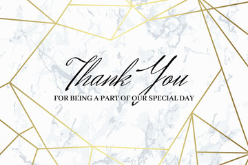 Thank you design template. White marble background and gold geometric pattern. Dimensions 6x4 inch. Seamless pattern included. Eps10.