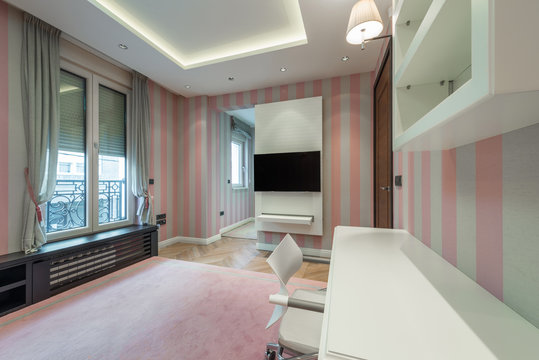 Pink bedroom interior in modern luxury apartment