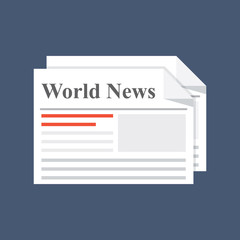 Newspaper, world news. Daily or weekly printed edition. Paper medium of information. Flat illustration isolated on background