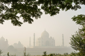 Fototapeta na wymiar View of Taj Mahal in early morning fog
