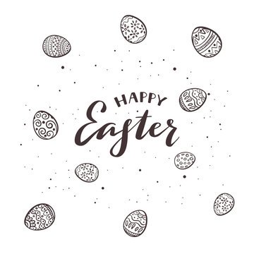 Text Happy Easter and painted eggs on white background