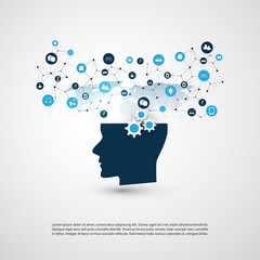 Abstract Machine and Deep Learning, Artificial Intelligence, Cloud Computing and Networks Design Concept with Icons and Human Head