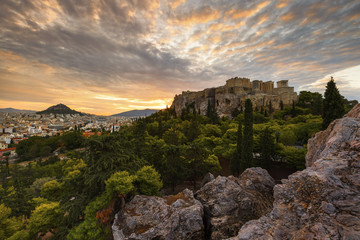 Fototapeta na wymiar Acropolis as seen from Areopagus hill early in the morning. 