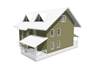 3d illustration of a two-storey cottage house. Walls from blocks are highlighted in color. View 2. 3d modeling