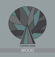 Wood icon concept of a stylized Tree with Leaves. Gray Tree Logo abstract design. Square icon. 