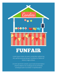 Funfair Poster with Market Candies Counter, Vector