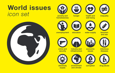World issues icons set. Includes hunger, poverty, crime, unemployment, education, environment, economic, etc. Sustainability problems. Vector illustration.