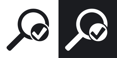 Vector magnifier sign with check mark icon. Two-tone version on black and white background