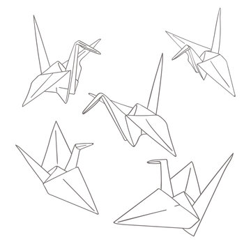 Set of outline paper origami birds isolated on white