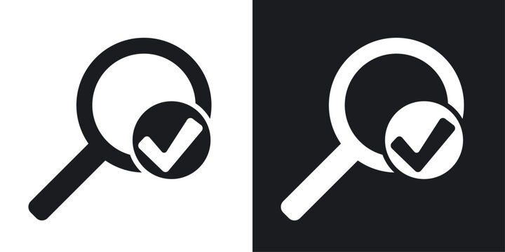 Vector magnifier sign with check mark icon. Two-tone version on black and white background
