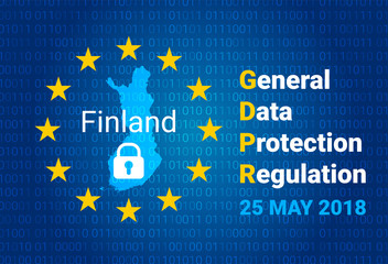 GDPR - General Data Protection Regulation. Map of Finland, EU flag. vector