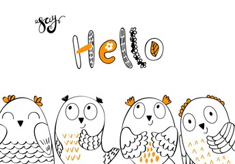 Card with cartoon owls in bright colors. Hello.