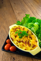 macaroni and cheese homemade food,pasta with mozzarella cheese,food styling on table.