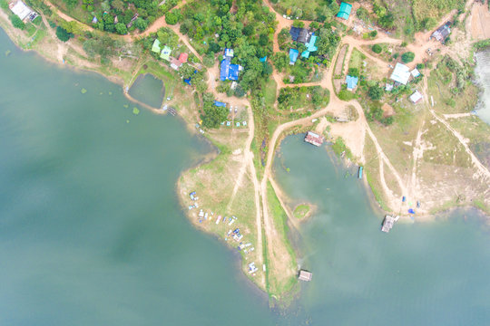 Aerial view of camp site near lake