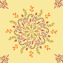 Seamless pattern with orange ornamental decor. Endless Texture. Oriental Geometric Ornament on yellow background