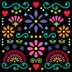 Mexican folk art vector pattern, colorful design with flowers greeting card inspired by traditional designs from Mexico
 