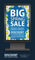The design of the poster sitylite for the promotion is a spring sale of bright daisies on a sky blue background. Spring template for your design, cards, invitations, posters.