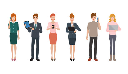 Obraz premium Business people group in social network communication with phone tablet computer notebook. Flat Vector Illustration design.