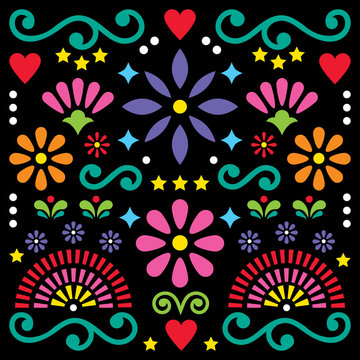 Mexican folk art vector pattern, colorful design with flowers greeting card inspired by traditional designs from Mexico
 