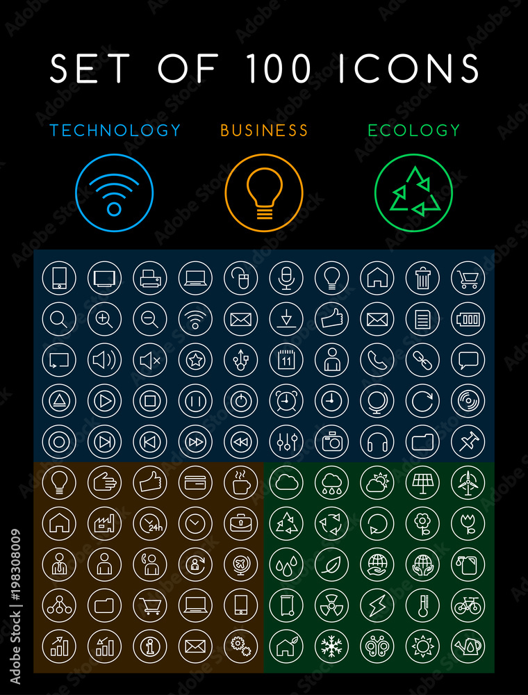 Poster set of 100 minimal white stroke icons on circular buttons on black background ( interface multimedia