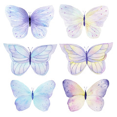 Butterfly hand painted watercolor collection on white background. Can be used for cards,wedding invitations,logo,printing on fabric.
