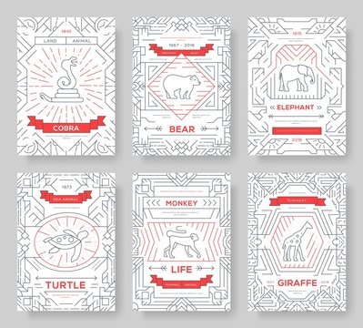 Animal  thin line brochure cards set. exotic traditional template of flyear, magazines, posters, book cover, banners. Wild life outline invitation concept background. Layout quality modern pages
