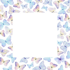 Fototapeta na wymiar Watercolor hand drawn butterfly frame border. Ideal for invitations, cards, wallpapers, menu.