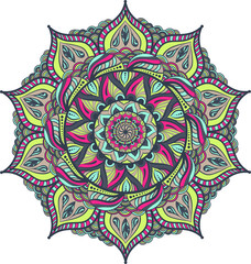Simple colorful abstract mandala, ethno motive. Bright circular ornament consists of simple shapes. Stylized ethnic motive of East Asia. Vintage decorative elements. Circular ornament.