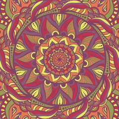 Fototapeta na wymiar Simple colorful abstract mandala, ethno motive. Bright circular ornament consists of simple shapes. Stylized ethnic motive of East Asia. Vintage decorative elements. Circular ornament.