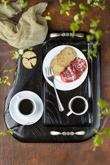 Breakfast on a wooden tray