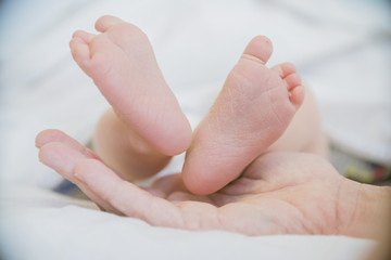 the feet of the baby in the hands of mother closeup