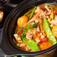strips of pork  with sugar peas and other vegetables