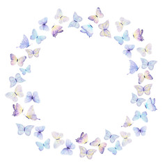 Fototapeta na wymiar Watercolor hand painted butterfly wreath. Perfect for invitations, decorations, cards, wallpapers.