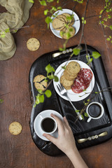 Breakfast on a wooden tray
