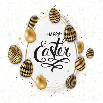 Happy Easter lettering background with realistic golden shine decorated eggs