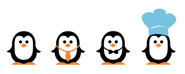 Vier niedliche Pinguine mit Fliege, Schlips und Kochmütze