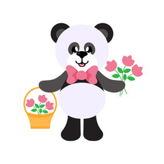 cartoon panda with tie and flowers and basket