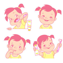 Baby teeth set. Little girl with tooth brush and toothpaste. Happy smiling child with healthy teeth. Sad kid feel toothache. Logo/emblem for medicine or hygiene product. Vector illustration.