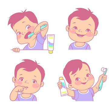 Baby teeth set. Little boy with tooth brush and toothpaste. Happy smiling child with healthy teeth, Sad kid feel toothache. Logo/emblem for medicine or hygiene product. Vector illustration.