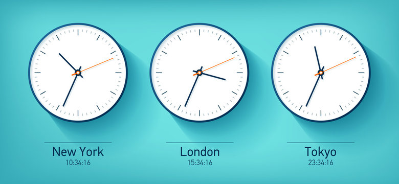 World time. Realistic simple Clock icons. New York, London, Tokyo. Watch on green blue background. Business illustration for you presentation. Vector design objects.