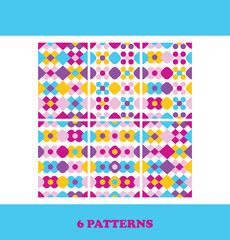 Set of six bright Vector Seamless Patterns. Abstract Background. Vector illustration