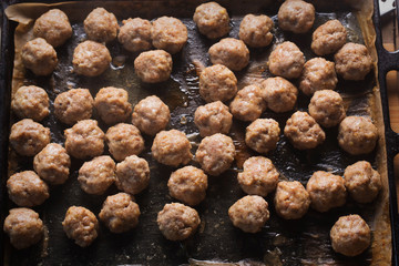 Pork meatballs baked on tray 